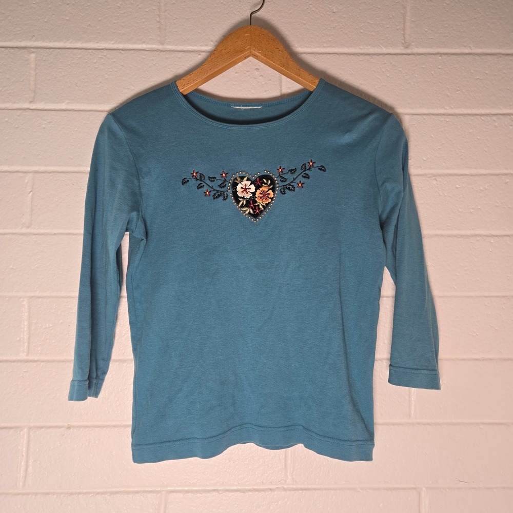 Vtg Western Stud Embroidered Heart Floral Top Medium Teal 3/4 Sleeve Y2K Artsy